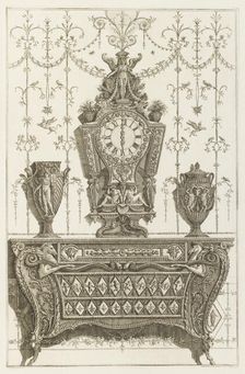 Design for bureau with clock, vases and foliate ornamentation, 1769. Creator: Giovanni Battista Piranesi
