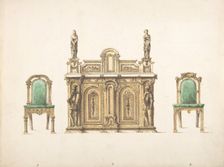 Design for Cabinet Ornamented with Carved Knights and Ladies, and Two Chairs, early 19th cent. Creator: Anon