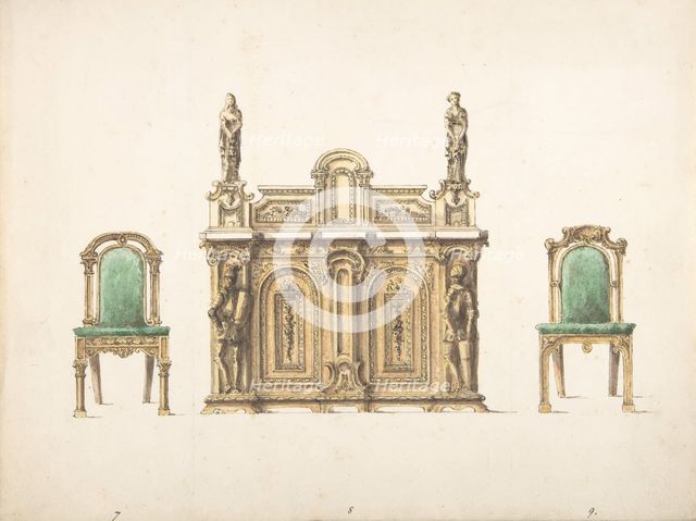 Design for Cabinet Ornamented with Carved Knights and Ladies, and Two Chairs, early 19th cent. Creator: Anon.