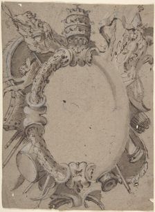 Design for Cartouche with Banners, Drums, Leaves and a Woman's Head with Tiara., 1732-1802
