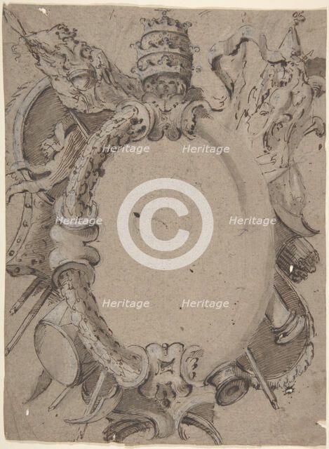 Design for Cartouche with Banners, Drums, Leaves and a Woman's Head with Tiara., 1732-1802.