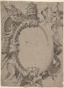 Design for Cartouche with Banners, Drums, Leaves and a Woman's Head with Tiara., 1732-1802