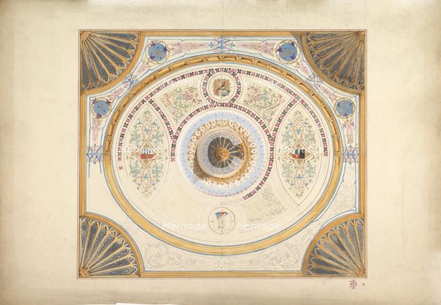 Design for Ceiling with Two Portraits and Fan Supports at Corners, 19th century. Creator: John Gregory Crace.