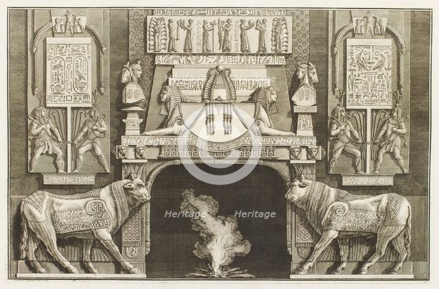 Design for chimneypiece with Egyptian design, sphinxes, hieroglyphs and bulls, 1769.  Creator: Giovanni Battista Piranesi.