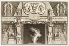 Design for chimneypiece with ornate Egyptian design over mantlepiece, animals and figures..., 1769. Creator: Giovanni Battista Piranesi