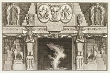 Design for chimneypiece with ornate Egyptian design over mantlepiece, animals and figures..., 1769. Creator: Giovanni Battista Piranesi