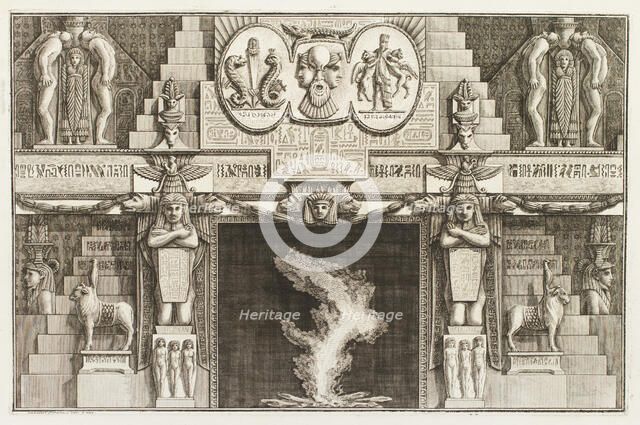 Design for chimneypiece with ornate Egyptian design over mantlepiece, animals and figures..., 1769. Creator: Giovanni Battista Piranesi.