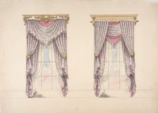 Design for Curtains with Purple, White and Mink Fabric, Purple Fringes and..., early 19th century. Creator: Anon