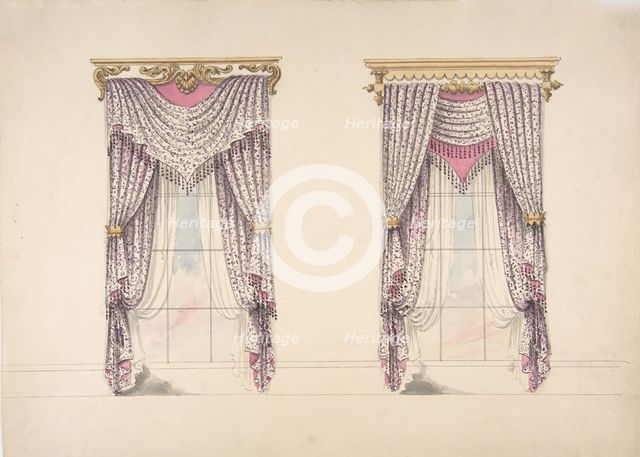Design for Curtains with Purple, White and Mink Fabric, Purple Fringes and..., early 19th century. Creator: Anon.