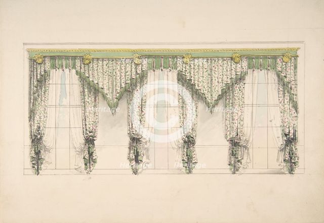 Design for Curtains with Pink, Green and White Floral Fabric and Pink and Green..., ca. 1820. Creator: Anon.