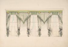 Design for Curtains with Pink, Green and White Floral Fabric and Pink and Green..., ca. 1820. Creator: Anon
