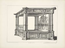 Design for elaborate four-poster bed with multiple columns at each corner, c1869. Creator: Unknown
