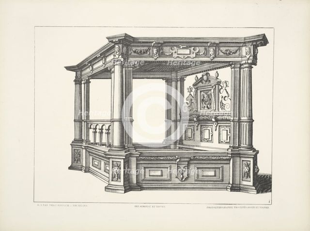 Design for elaborate four-poster bed with multiple columns at each corner, c1869. Creator: Unknown.