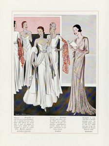 Design for Evening Dresses by Depouy-Magnin, Worth, and Redfern, pub. 1931 (colour lithograph). Creator: French School (20th Century)