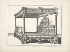 Design for four-poster bed with two carved sphinxes on headboard, c1869. Creator: Unknown