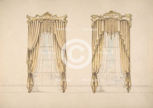 Design for Gold Curtains with Gold Fringes and a Gold and White Pediment, early 19th century. Creator: Anon.