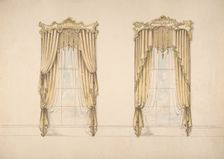 Design for Gold Curtains with Gold Fringes and a Gold and White Pediment, early 19th century. Creator: Anon