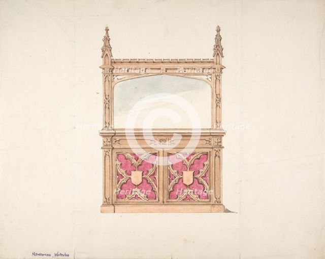 Design for Gothic Style Cabinet with Mirror, early 19th century. Creator: Anon.