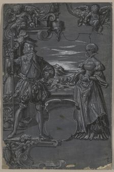 Design for Glass Painting: Man and Woman in Architectural Setting, second half 1500s. Creator: Tobias Stimmer (Swiss, 1539-1584), attributed to