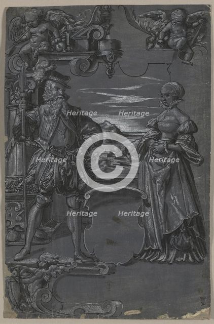 Design for Glass Painting: Man and Woman in Architectural Setting, second half 1500s. Creator: Tobias Stimmer (Swiss, 1539-1584), attributed to.