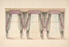 Design for Gray and Pink Curtains with Pink Fringes and a PInk and Gold..., early 19th century. Creator: Anon