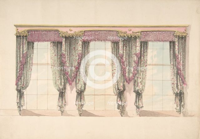 Design for Gray and Pink Curtains with Pink Fringes and a PInk and Gold..., early 19th century. Creator: Anon.