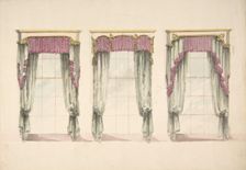 Design for Gray Curtains with Pink Fringes, and White and Gold Pediments, ca. 1820. Creator: Anon