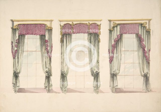 Design for Gray Curtains with Pink Fringes, and White and Gold Pediments, ca. 1820. Creator: Anon.