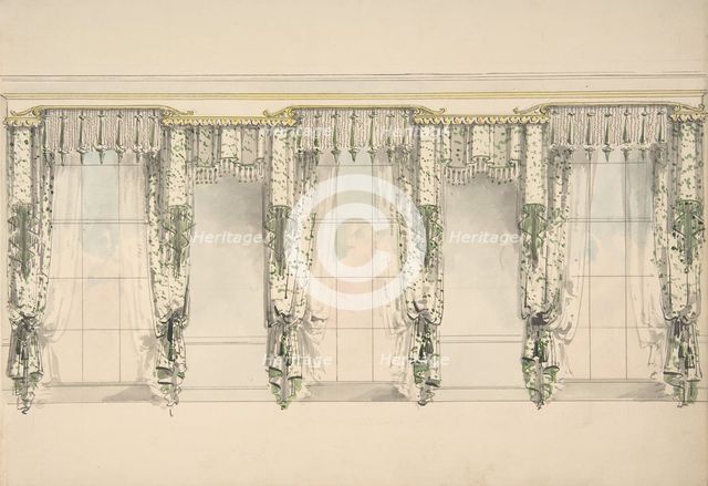 Design for Green and White Curtains with Green Fringes, and White and Gold Pediments, c1820. Creator: Anon.