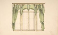 Design for Green Curtains with Green Fringes and a Gold Pediment, early 19th century. Creator: Anon