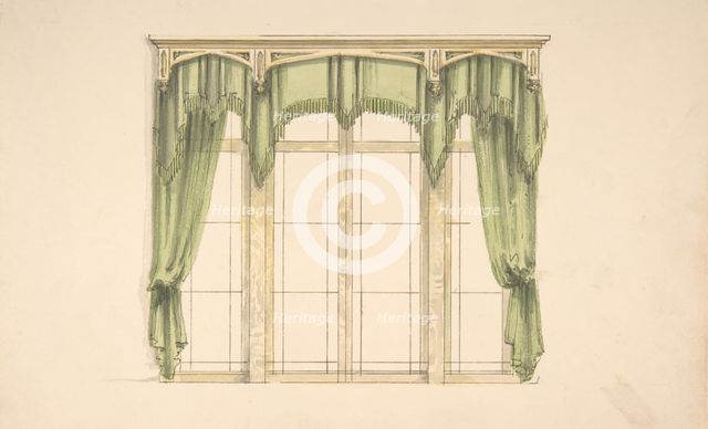 Design for Green Curtains with Green Fringes and a Gold Pediment, early 19th century. Creator: Anon.