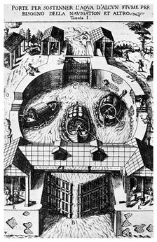 Design for hinged canal lockgates by Leonardo da Vinci, 15th century (1956)