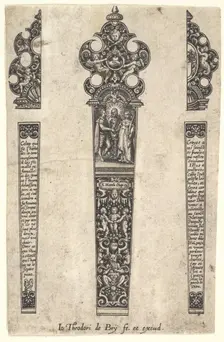 Design for knife handle to commemorate a marriage, ca. 1580-1600. Creator: Johann Theodor de Bry
