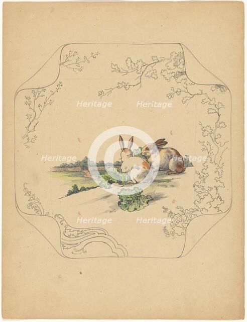 Design for model 'square' board with two rabbits, c.1875-c.1880. Creator: Albert Louis Dammouse.