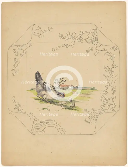 Design for model 'square' board with a hen and three chicks, c.1875-c.1880. Creator: Albert Louis Dammouse.