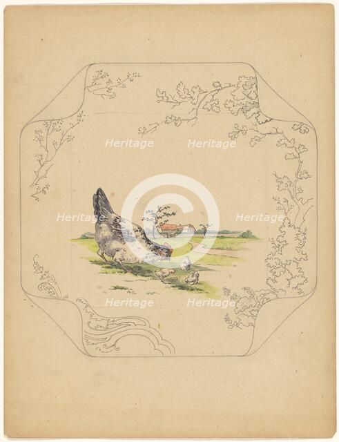 Design for model 'square' board with a hen and three chicks, c.1875-c.1880. Creator: Albert Louis Dammouse.