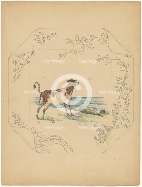 Design for model 'square' board with cow by the sea, c.1875-c.1880. Creator: Albert Louis Dammouse.