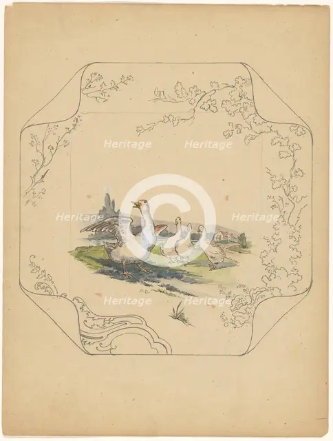 Design for model 'square' board with four geese, c.1875-c.1880. Creator: Albert Louis Dammouse.