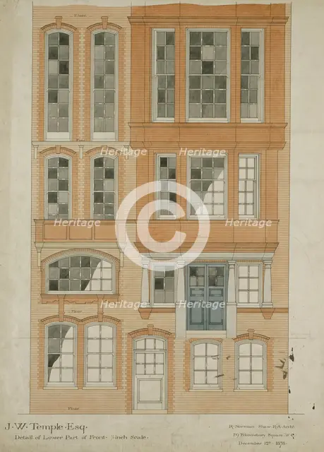 Design for Nos 9-11 Chelsea Embankment, London SW3: detail of lower part of front...1878. Creator: Richard Norman Shaw.
