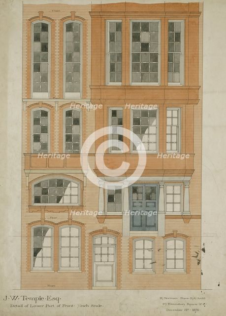 Design for Nos 9-11 Chelsea Embankment, London SW3: detail of lower part of front...1878. Creator: Richard Norman Shaw.