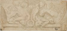 Design for Overdoor: Two Ignudi with Dolphins and Shields, n.d. Creator: Unknown