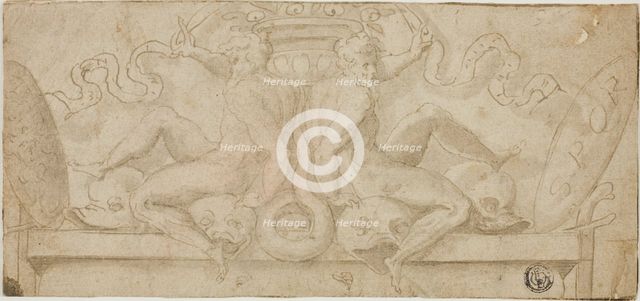 Design for Overdoor: Two Ignudi with Dolphins and Shields, n.d. Creator: Unknown.