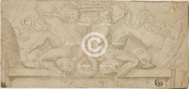 Design for Overdoor: Two Ignudi with Dolphins and Shields, n.d. Creator: Unknown.
