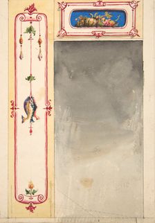 Design for panels framing a mirror decorated with scrolls and clusters of fish and vegetables, 1830- Creators: Jules-Edmond-Charles Lachaise, Eugène-Pierre Gourdet