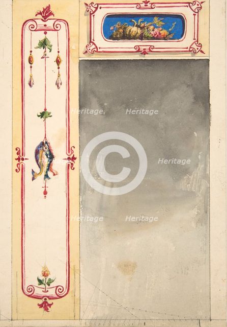 Design for panels framing a mirror decorated with scrolls and clusters of fish and vegetables, 1830- Creators: Jules-Edmond-Charles Lachaise, Eugène-Pierre Gourdet.