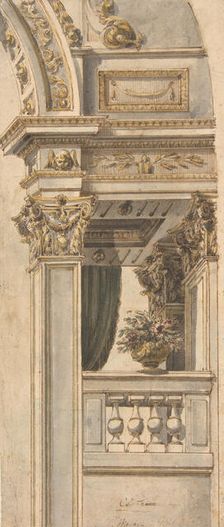 Design for Part of a Wall Elevation with a Balcony flanking an Arch, . Creator: Attributed to Faustino Trebbi (