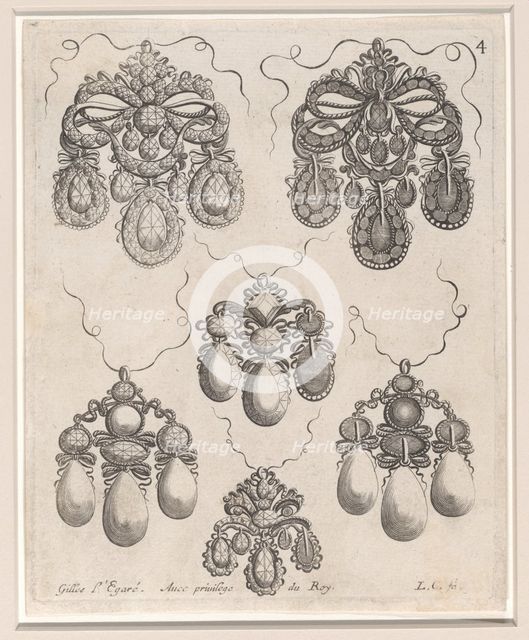 Design for Pendants, Plate 4 from 'Livre des Ouvrages d'Orfevrerie', after 1663. Creator: Louis Cossin.