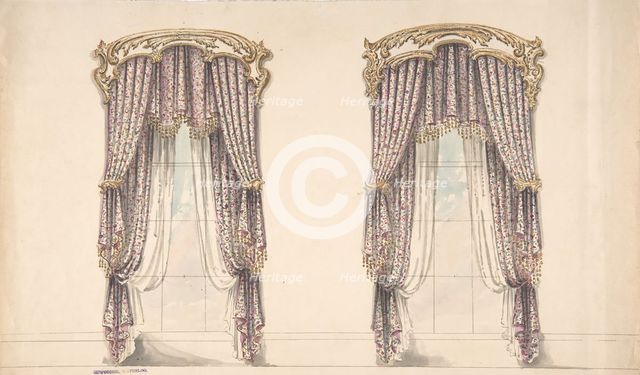 Design for Pink, Mauve and White Floral Curtains with a Gold and White..., early 19th century. Creator: Anon.