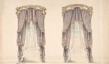 Design for Pink, Mauve and White Floral Curtains with a Gold and White..., early 19th century. Creator: Anon