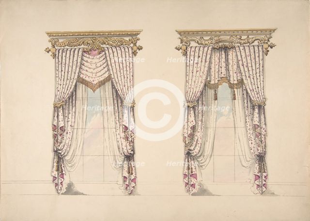 Design for Pink and White Curtains with Gold Fringes, and Gold and White, early 19th century. Creator: Anon.